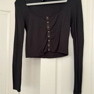 Black Long Sleeve Button-Up Top